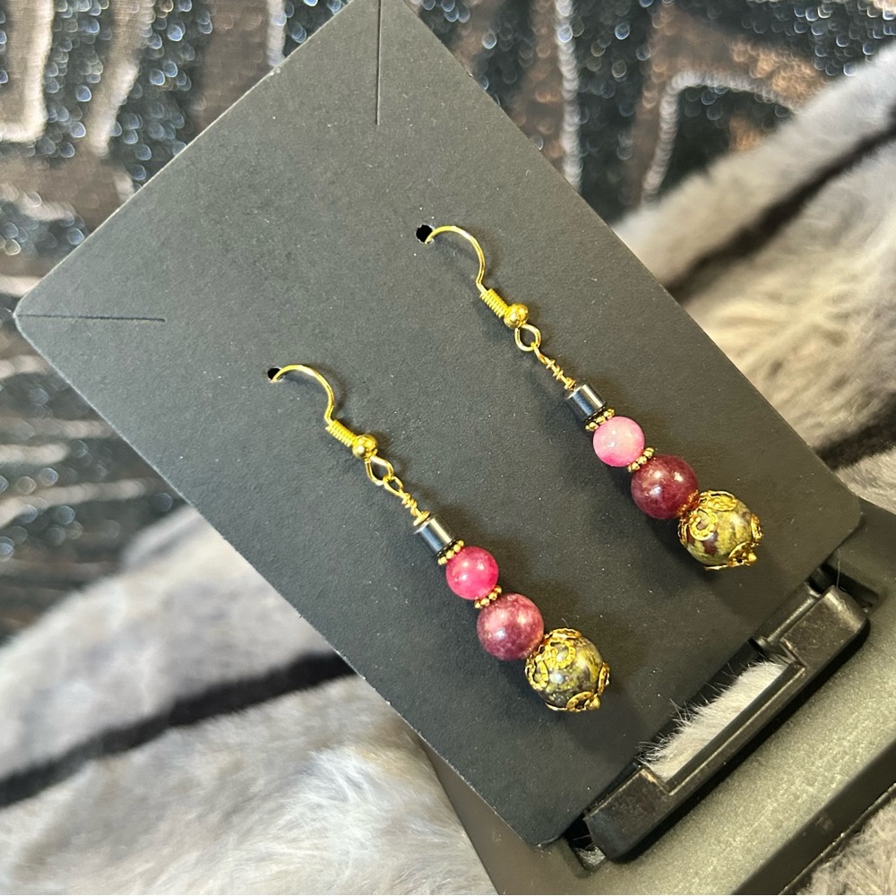 Handcrafted blood stone almandine garnet elbaite and hematite earrings